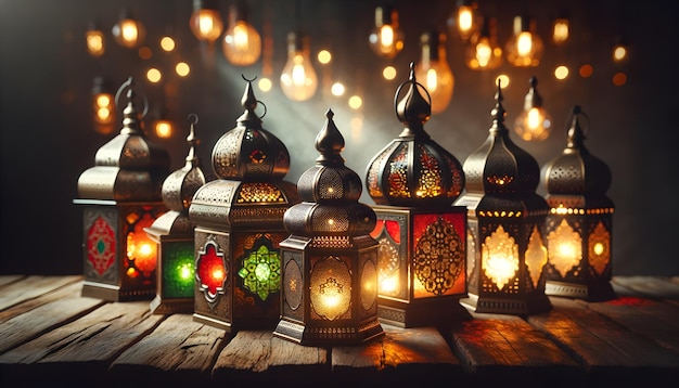 Elegante Vintage-Lampen leuchten mit warmem Licht auf einem rustikalen Holztisch vor einem Bokeh-Hintergrund