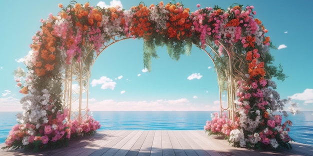 Elegante vista frontal del arco de la boda decorado con adorables rosas frescas flores cerca del océano