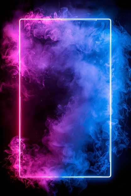 Elegante visual que muestra fondo negro con líneas de brillo púrpura azul claro de neón que forman un rectán vacío