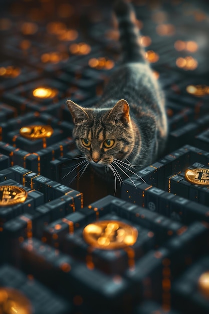 Una elegante visualización en 3D de un gato navegando a través de un laberinto de Bitcoins que simboliza la impredecibilidad de la criptomoneda.