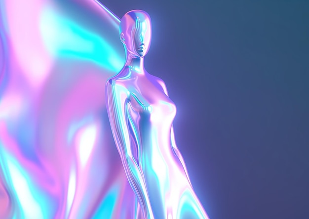 Foto elegante weibliche mannequin mit holographischer flüssigkeitsfertigung im abstrakten stil generative ki