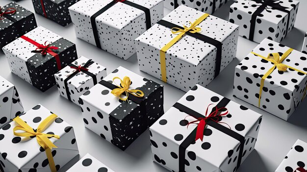Elegante weiße Geschenketiketten auf schwarz-weißen Kisten