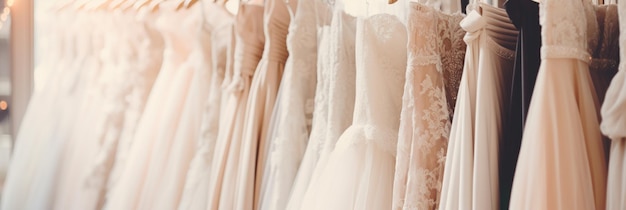 Elegante weiße Hochzeitskleider hängen an Hängern in einem Luxus-Brautladen-Boutique-Salon