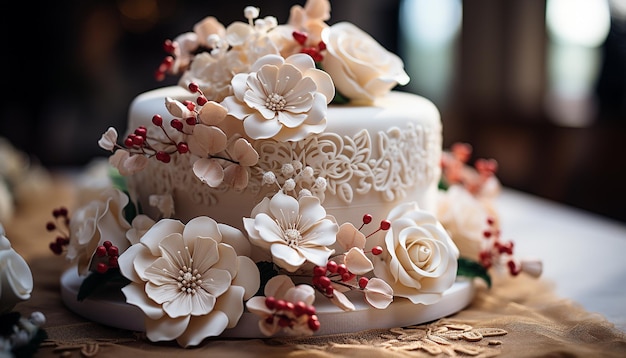 Elegante weiße Hochzeitstorte dekoriert mit Blumen aus Mastix auf einem weißen Holztisch. Bild für