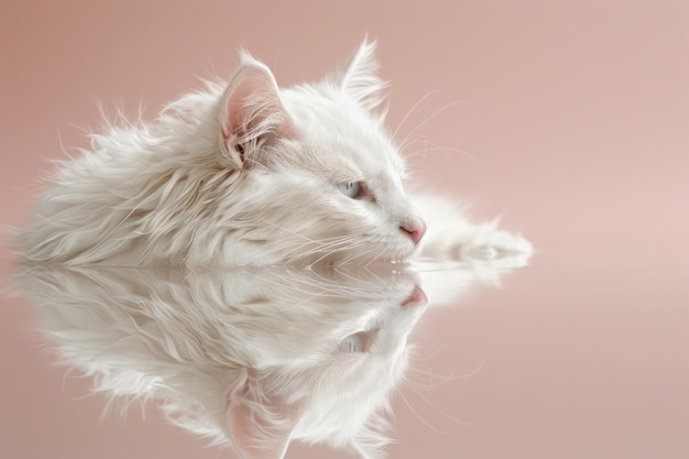 Elegante weiße langhaarige Katze mit flauschigem Fell auf glänzender reflektierender Oberfläche rosa Hintergrund