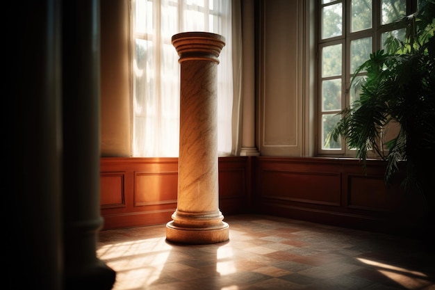 Elegante weiße Marmorsäule in einem realistischen Raum mit natürlichem Licht