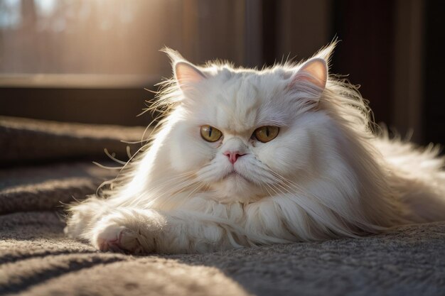 Elegante weiße persische Katze, die sich im Innenraum entspannt