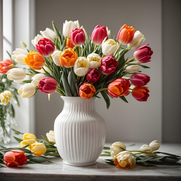 Elegante weiße Vase mit bunten Tulpen