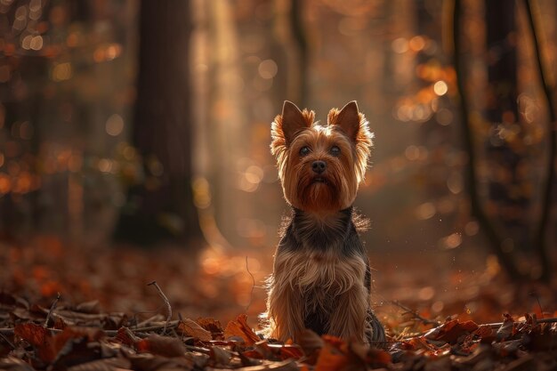 El elegante Yorkshire Terrier se sienta hermosamente en un jardín exuberante