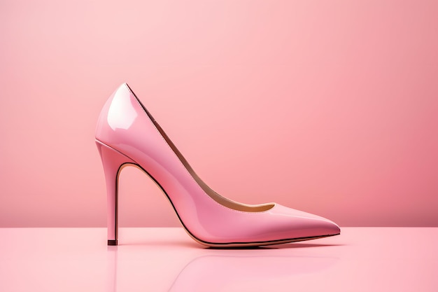 Un elegante zapato rosa de tacón alto sobre un fondo rosa vibrante