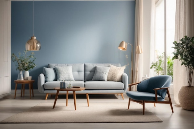 Foto elegante zeitgenössische wohnzimmer-interieur in gemütlichen beige- und blautönen