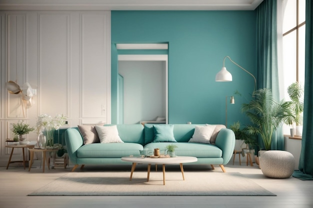 Foto elegante zeitgenössische wohnzimmer-interieur in gemütlichen türkisfarbenen farben