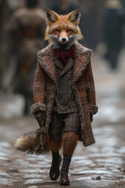 Un elegante zorro con un abrigo de moda en un desfile de moda