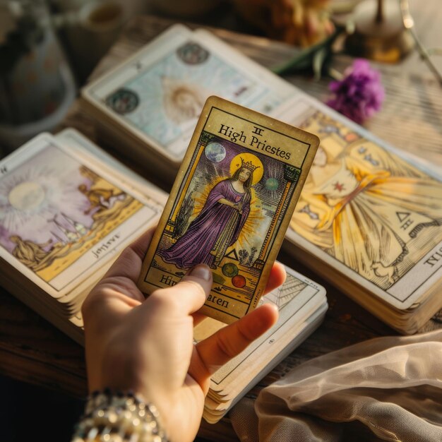 Las elegantemente exhibidas cartas del tarot se deleitan con la luz natural, meticulosamente dispuestas en una superficie prístina