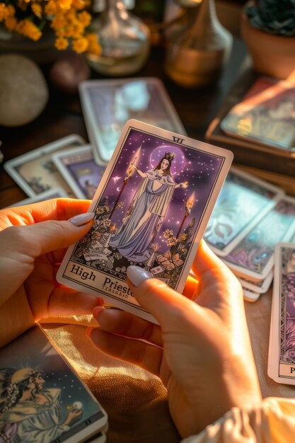 Foto las elegantemente exhibidas cartas del tarot se deleitan con la luz natural, meticulosamente dispuestas en una superficie prístina