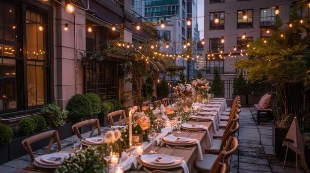 Elegantemente puesta una larga mesa para una cena formal