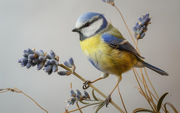 Foto eleganter blau-tit-vogel auf lavendelstamm