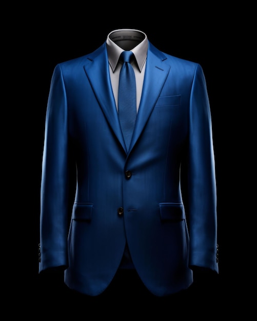 Eleganter blauer Herrenanzug isoliert auf schwarzem Hintergrund. Generative KI