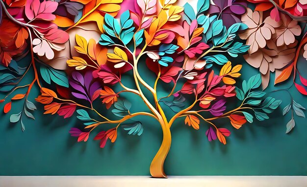 Eleganter bunter Baum mit lebendigen Blättern hängenden Zweigen Illustration Hintergrund Tapetenkunst