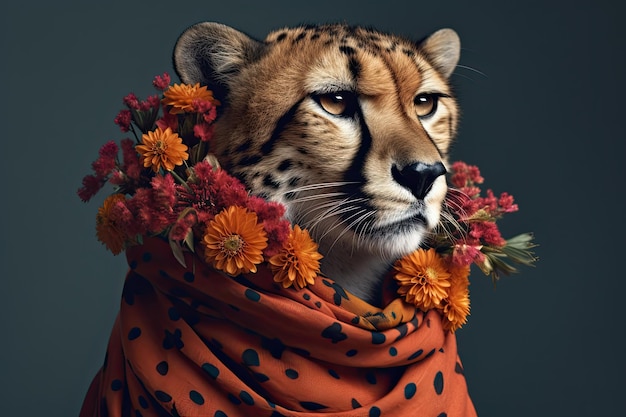 Eleganter Gepard mit Schal und Blumen auf farbigem Hintergrund. Generative KI