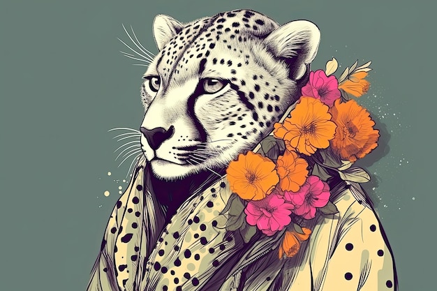 Eleganter Gepard mit Schal und Blumen auf farbigem Hintergrund. Generative KI