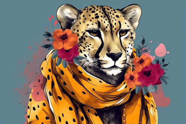 Eleganter Gepard mit Schal und Blumen auf farbigem Hintergrund. Generative KI