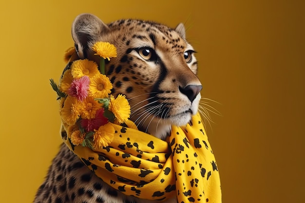 Eleganter Gepard mit Schal und Blumen auf farbigem Hintergrund. Generative KI