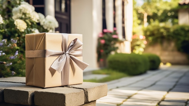 Eleganter Geschenkeladen-Lieferpostdienst und luxuriöser Online-Shopping-Paketkasten mit Schleife vor der Haustür auf dem Land, nachverarbeitete generative KI