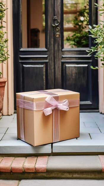 Foto eleganter geschenkeladen-lieferpostdienst und luxuriöser online-shopping-paketkasten mit schleife vor der haustür auf dem land, nachverarbeitete generative ki