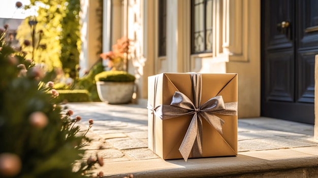 Eleganter Geschenkeladen-Lieferpostdienst und luxuriöser Online-Shopping-Paketkasten mit Schleife vor der Haustür in der generativen KI auf dem Land