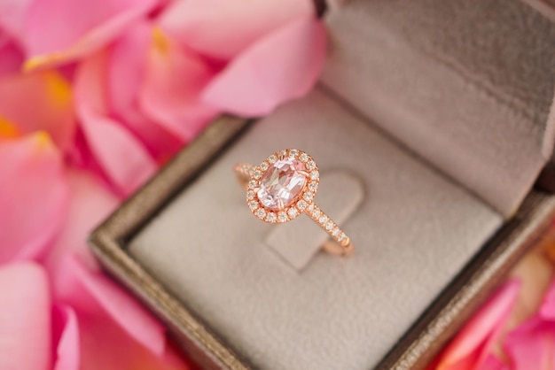 Eleganter Hochzeitsdiamantring in Schmuckschatulle auf schönem rosa Rosenblütenhintergrund nah oben