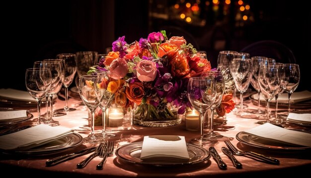 Eleganter Hochzeitsempfang mit modernem Dekor, Kristallvasen-Arrangement, Champagner, generiert von AI