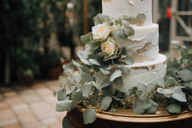 Foto eleganter hochzeitskuchen mit weißen rosen und eukalyptus auf einem holztisch