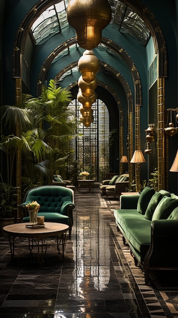 Eleganter Innengarten mit grünen Sofas und Marmorboden