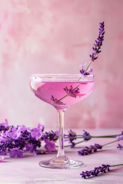 Eleganter Lavendel-Cocktail aus Kristallglas mit Blumenakzenten