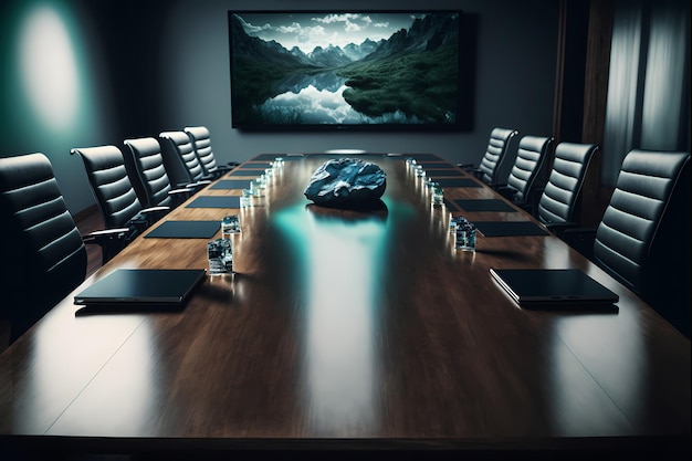 Eleganter, leerer Besprechungsraum mit Präsentations-Konferenztisch des Management-Unternehmensgeschäfts