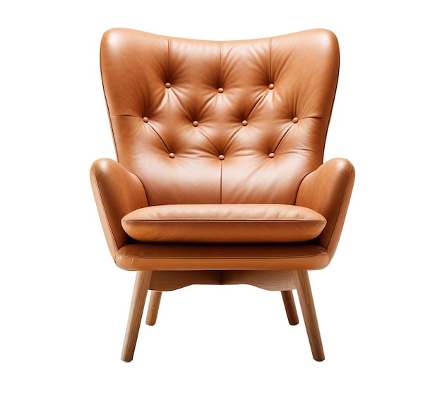 Eleganter moderner Loungestuhl aus der Mitte des Jahrhunderts mit einem tufted braunen Ledersitz und ausgebreiteten hölzernen Beinen, ideal für anspruchsvolle Innenräume Sessel isoliert auf weißem Hintergrund Frontview Generative KI