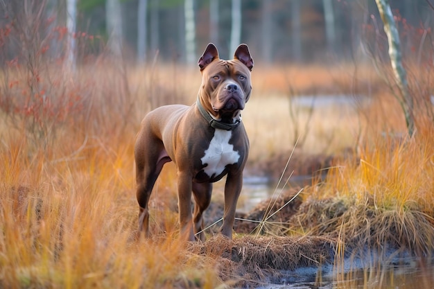 Eleganter Pitbull-Hund, der in einem Wald steht und in die Kamera blickt