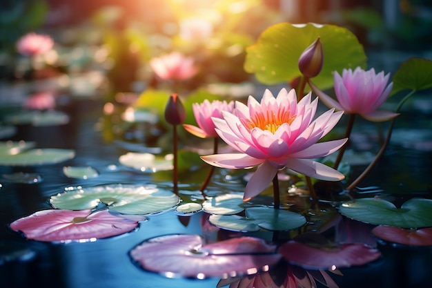 Eleganter rosa Lotus Eine anmutige generative KI mit grünen Blättern