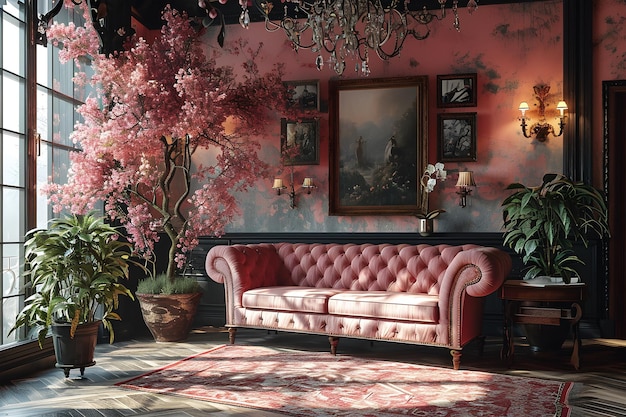 eleganter rosa Vintage-Sessel in elegantem Interieur mit lebendigen rosa Blumen