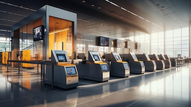 Eleganter Self-Checkin-Schalter im geschäftigen Innenraum des Flughafens, der den Inbegriff moderner Flugreisen verkörpert