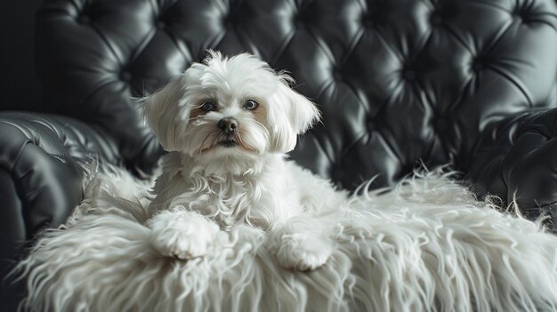 Eleganter weißer flauschiger Hund auf schwarzer Couch