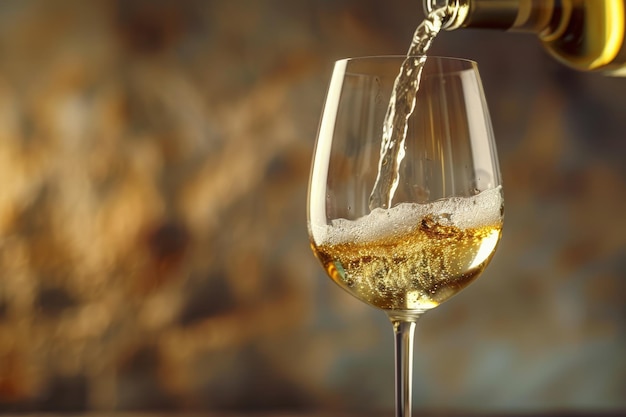 Eleganter Weißwein, der in ein Glas gegossen wird, mit Detail aus der Nahaufnahme