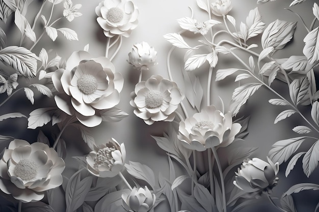 Elegantes 3D-Rendering eines abstrakten weißen und goldenen Papierblumenhintergrunds, KI generiert