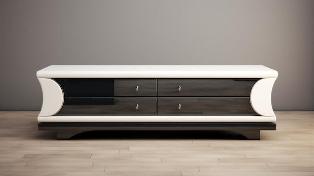 Elegantes 3D-Schwarz-Weiß-Möbel-Sideboard-Tisch auf Holzboden