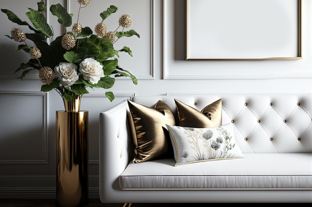 Foto elegantes accesorios personales, un banco dorado, almohadas de terciopelo y un lujoso jarrón con flores, se pueden ver en este elegante y opulento salón de apartamentos, diseño interior moderno, decoración de interiores te