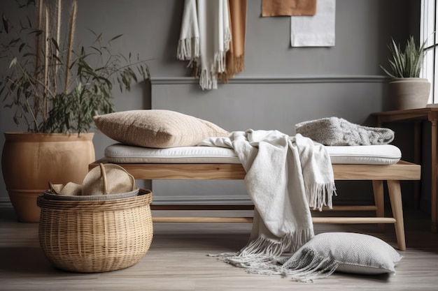 Elegantes accesorios personales, un banco de madera, cojines a cuadros, una canasta y un jarrón de ratán, se incluyen en este elegante diseño interior escandinavo para la sala de estar, una idea minimalista moderna