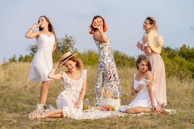 elegantes amigas felizes se divertindo na festa de piquenique ao ar livre estilo retro