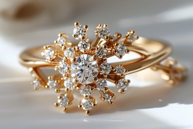 Elegantes anillos de bodas colocados en una superficie beige en una habitación luminosa con un interior minimalista