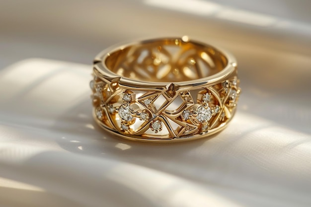 Elegantes anillos de bodas colocados en una superficie beige en una habitación luminosa con un interior minimalista